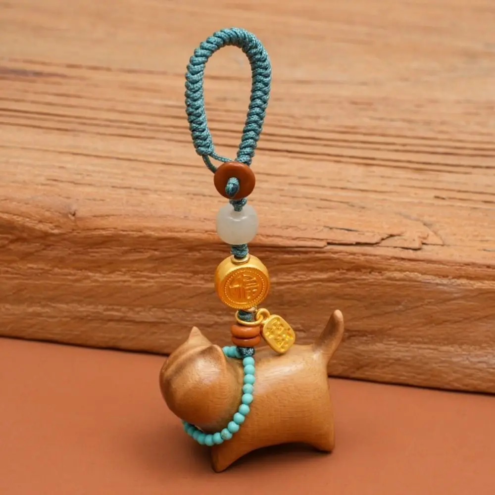 Carved Sandalwood Lucky Cat Keychain Anti-lost Fastener Wood Texture Fortune Cat Pendant Hand-finished Details Woven Lanyard
