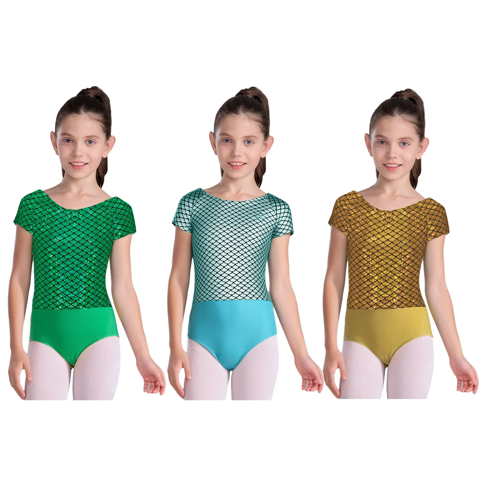 Girls Ballet Dance Gymnastics Leotard Fish Scale Print Short Sleeve Bowknot Cutout Back Bodysuit for Figure Skating Performance