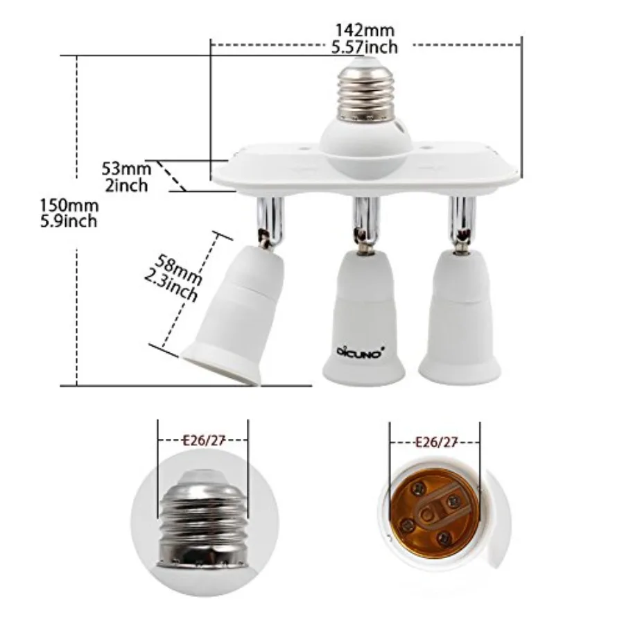 Light Socket Splitter 3 Way Adapter, Converter, Bulb Lamp Horizontal Designed 60 Degrees Adjustable 80 Degrees Bendg White