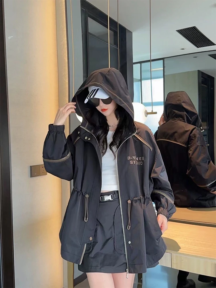 

plus Size Women's Bla Hooded Jaet Loose Workwear Sle Long Sve Autumn Coat Korean Version Casual Comfortable Outerwear