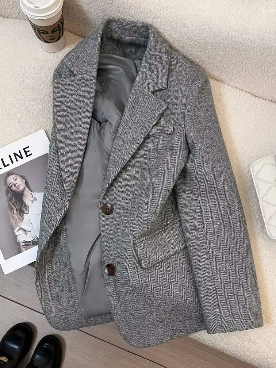 GG Grey Herringbone Pattern Woolen Suit Jacket for Women New Autumn Winter Retro Commuting Casual Top Female Single Breasted
