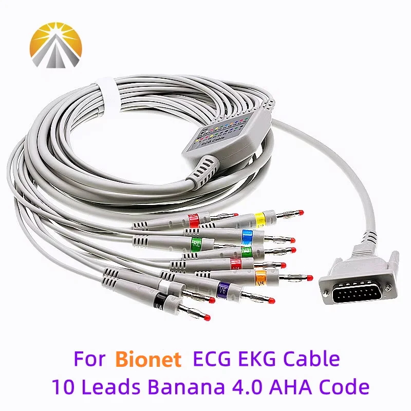 ECG EKG Cable One Piece 10 Lead Wires DB15 Pin Banana 4.0 AHA or IEC Standard for Bionet All Cardiocare 2000 CardioTouch 3000