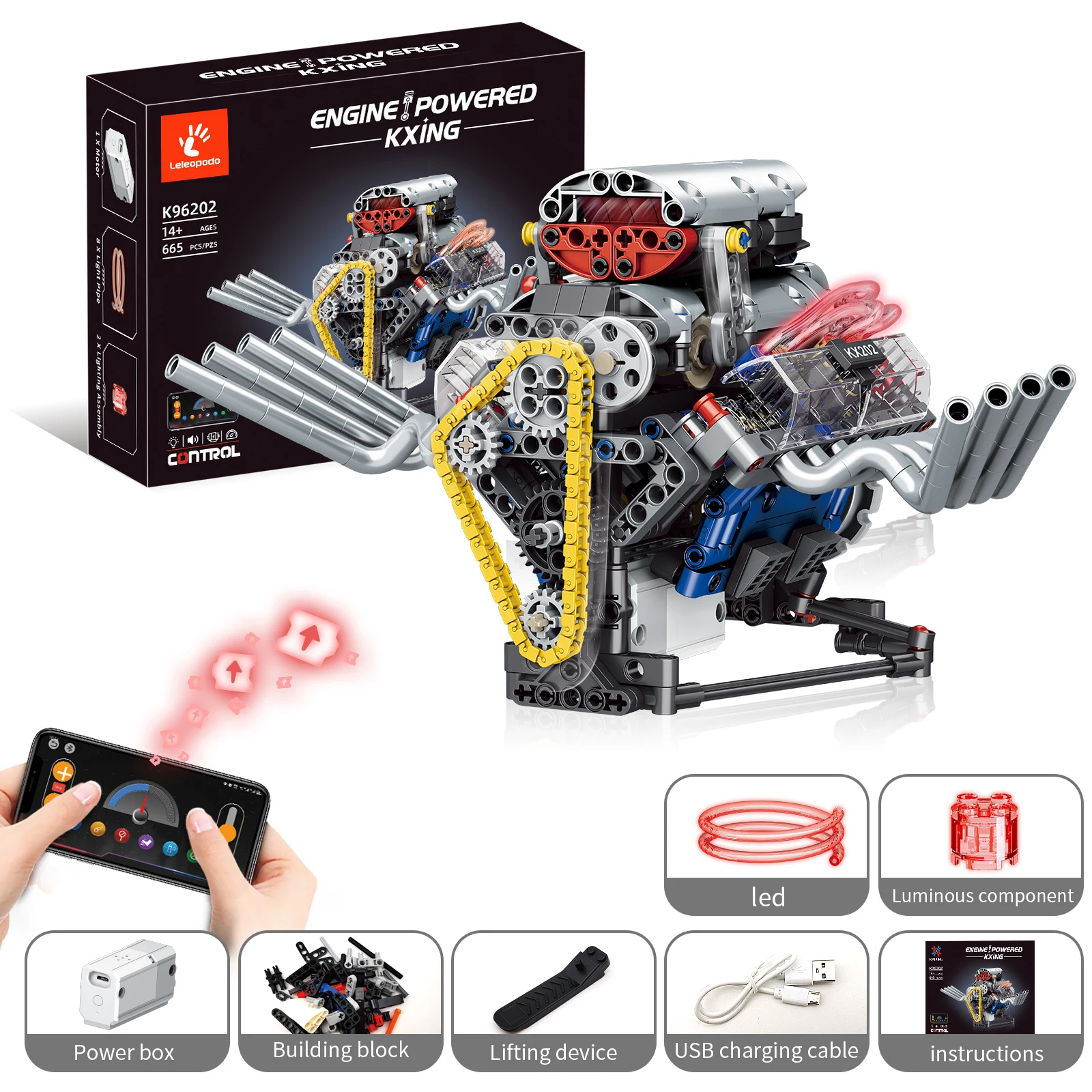 665 parts V8 engine blocks model set, sports car motor , compatible with Legoeds technic bricks,, is the perfect gift for boys