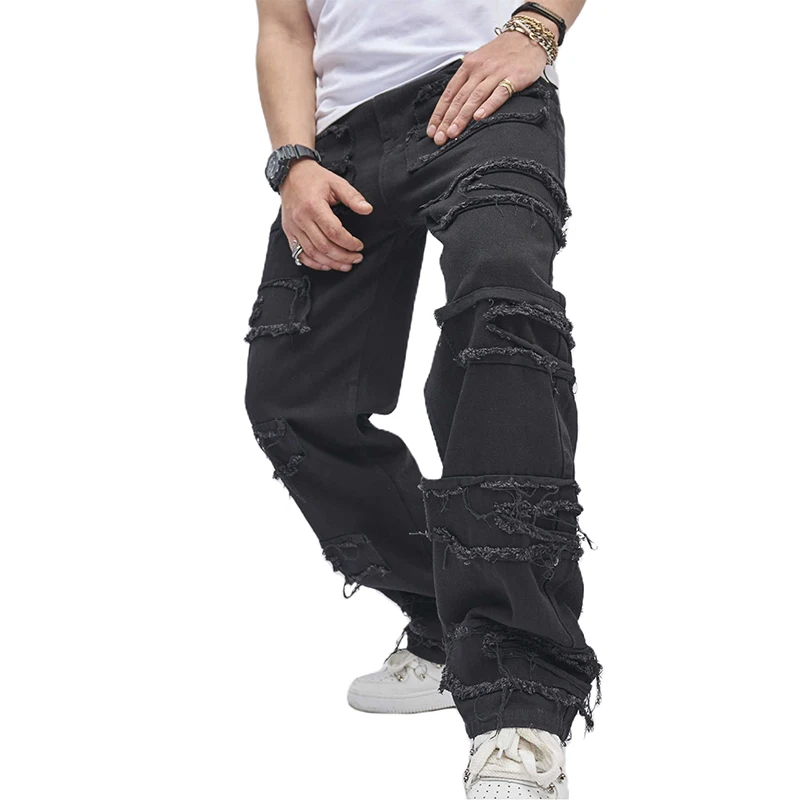 Men's Retro Loose Denim Pants Black Mid Rise Ripped Distressed Straight Jeans Hip Hop Dance Bottoms Jeans Streetwear