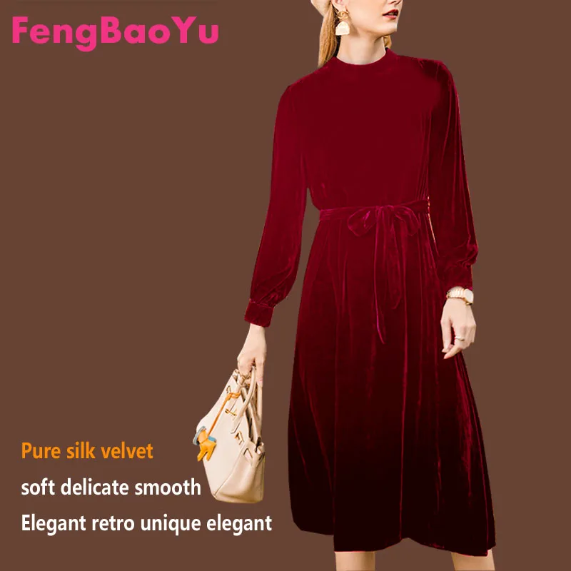 

Fengbaoyu Pure Velvet Autumn Winter Ladies Nine-sleeve Round Collar Medium-length Dress Fall Outfits Women Retro Elegance 3XL