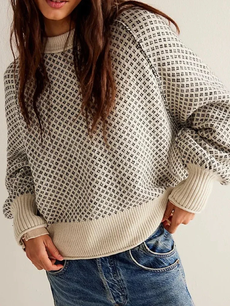 Autumn Winter New Women's Long Sleeved Fashion Round Neck Pullover Jacquard Long Sleeved Round Neck Sweater for Women Pullover