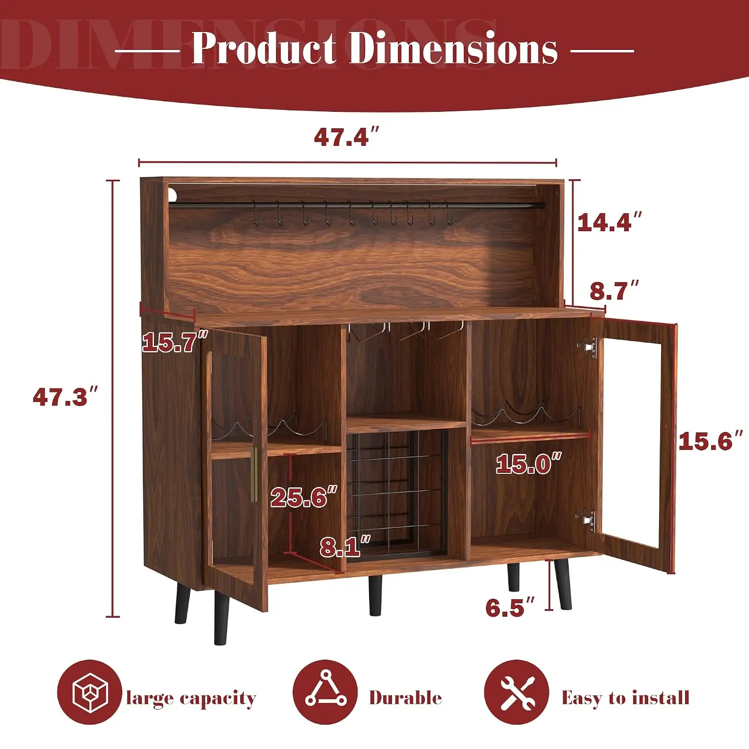LED Wine Bar Cabinet with Storage & Lighted Display, Home Bar Furniture, Brown, Customized