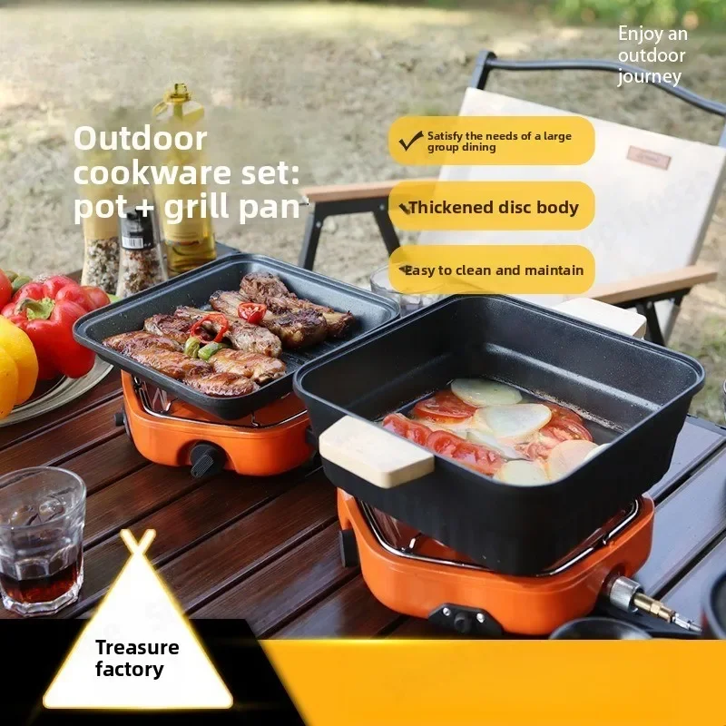 Folding Portable Double Burner Camping Stove with Grill Pan and Pot for Outdoor Picnic BBQ