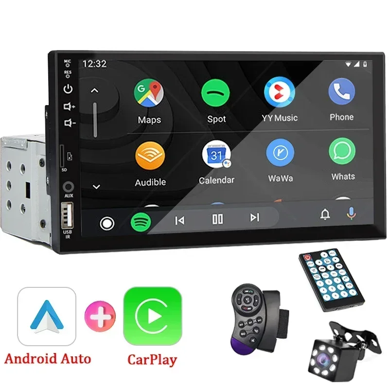 Car Multimedia Player with HD Touch Screen, Universal Radio, Carplay Android, 1 Din, 7 in, FM, AUX Input, Bluetooth, MirrorLink