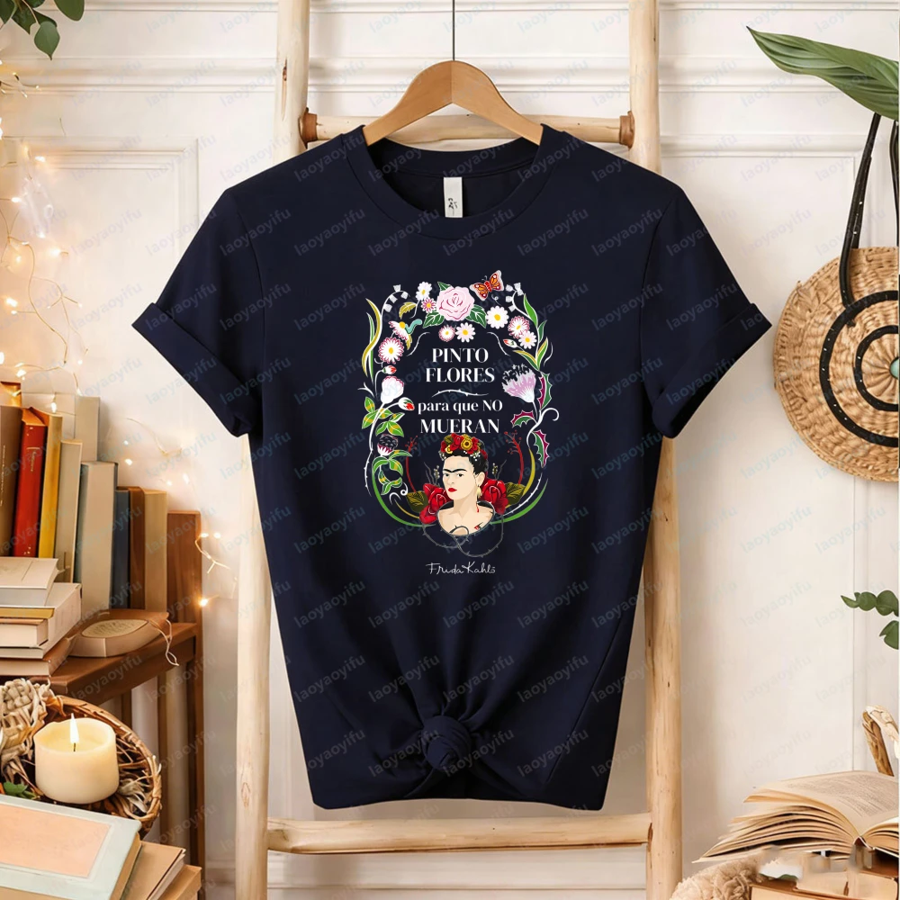 Camiseta Gráfica Floral Frida Kahlo "Pinto Flores Para Que Não Murem" Camiseta de Algodão Boho Inspirada na Arte para Mulheres Roupas Vintage