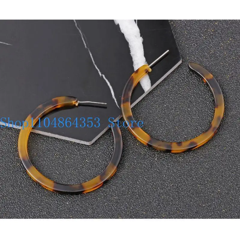 652F Vintage Leopard Print Round Earrings Charm Women C-shaped Acrylic Marbled Hoop Earrings Jewelry for Party Travel Dating