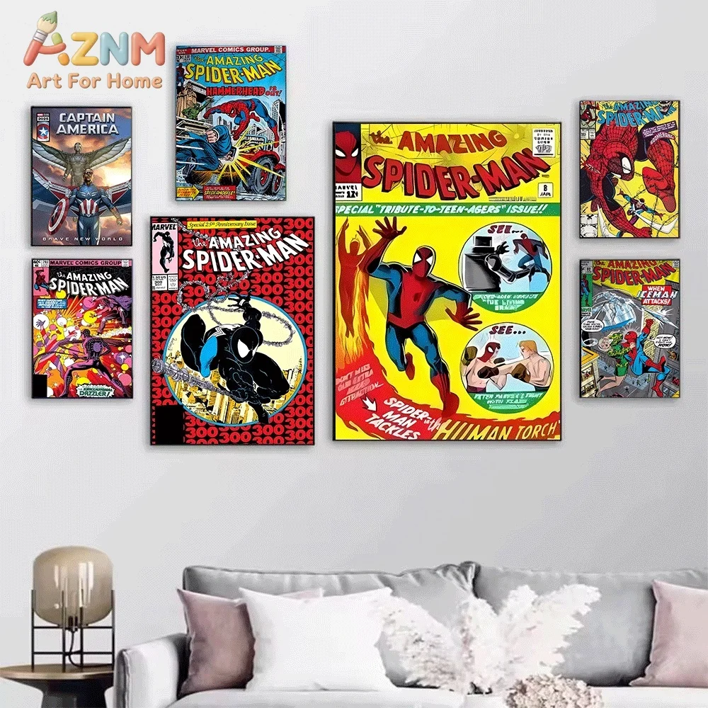 Classic Spider‑Man Comic Book Cover Canvas Wall Print, Vintage Superhero Retro Comic Illustration Art Poster, Unframed Canvas