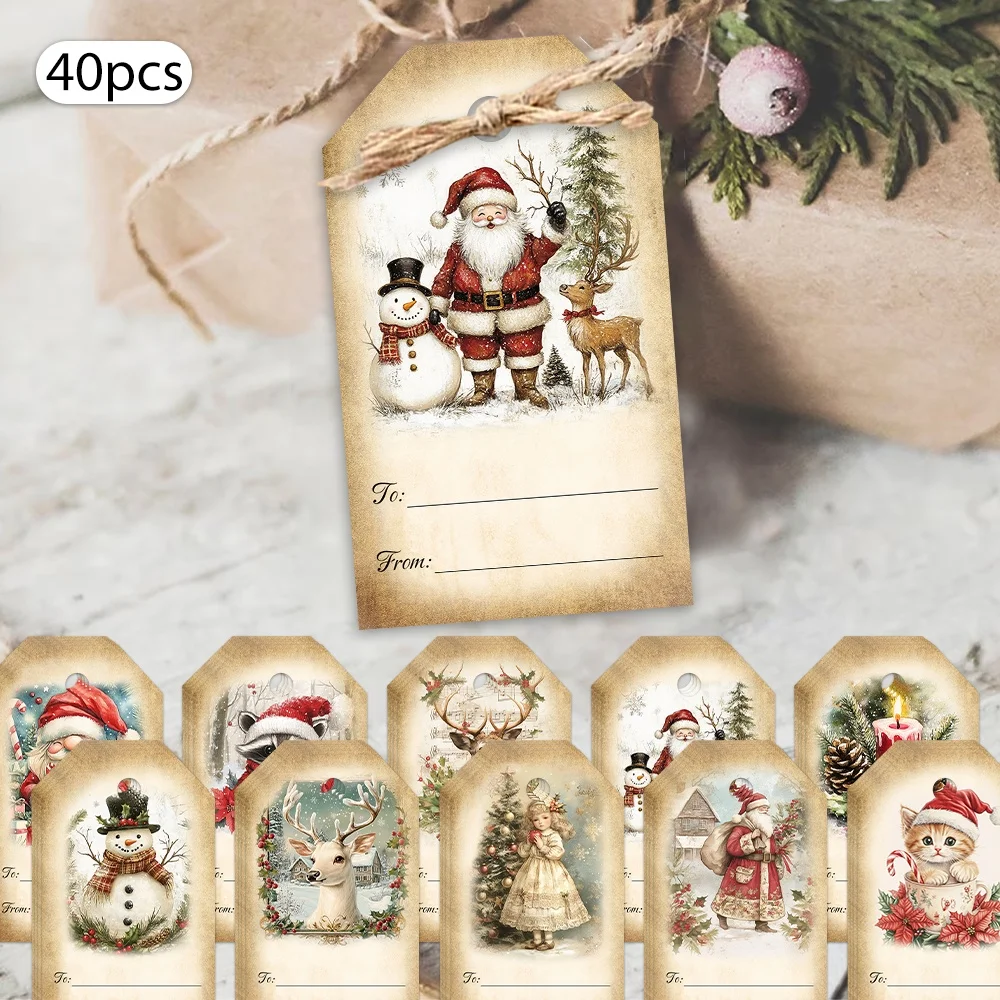 10/40 Stück Retro-Weihnachtsgeschenkanhänger – Weihnachtsmann, Schneemann, Hirschmuster, Feiertagsanhänger, geeignet für Weihnachten, Geburtstag, Party, Dekoration
