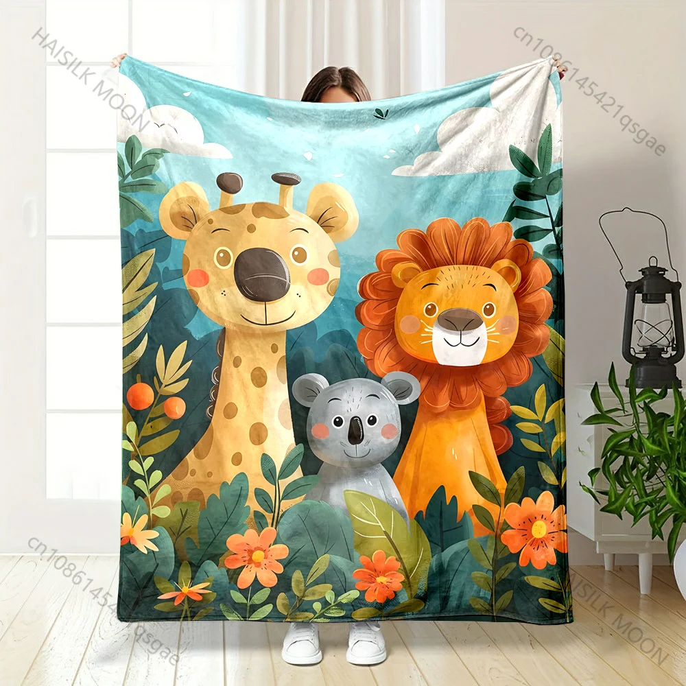 

Cartoon Animal Kingdom Print Blanket Warm Soft and Comfortable Home Travel Blanket Sofa Bedding Camping Cover Blanket for Gifts