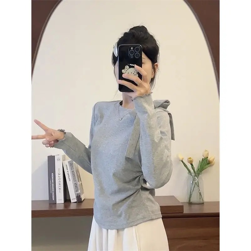 Pure Color Long Sleeve Women's T-shirt  Knot Short Design Sensation Sweet Waist Inward Initial Autumn New Style