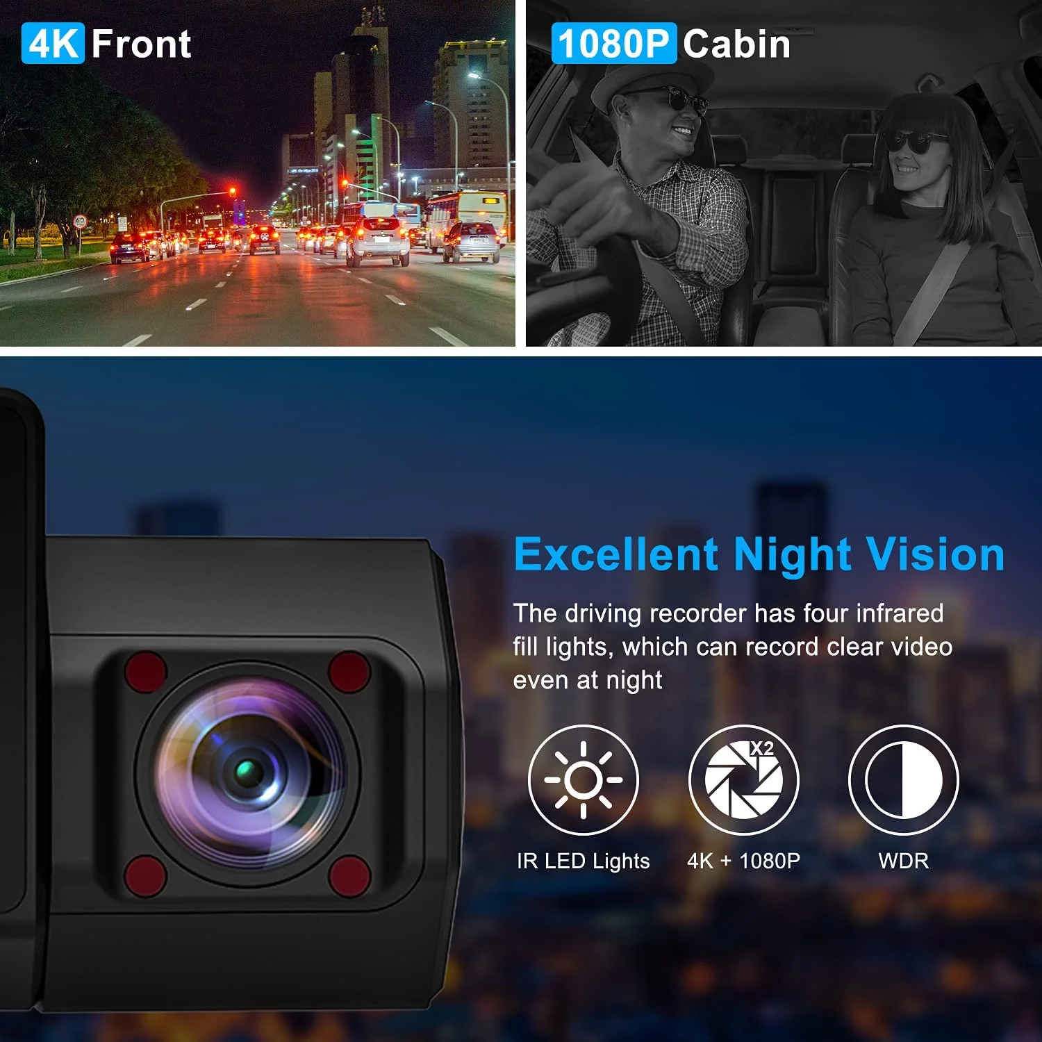 2.45 ''สมาร์ทรถ Dashcam พร้อม WiFi GPS 4K 2 ช่องรถ Dash กล้องด้านหน้าและด้านหลัง Dashcam Dual Lens Video Recorder สีดํากล่อง