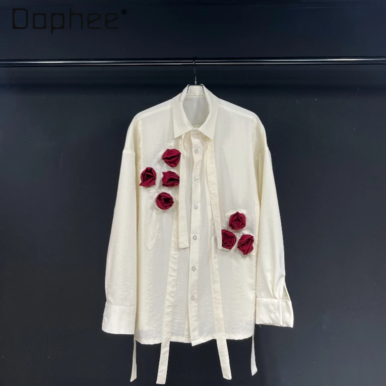 

Linen Shirt Handmade 3d Rose Men and Women Long Sleeve Lapel Single Breast Blouse Chic Aesthetics Contrast Color Tassels Tops