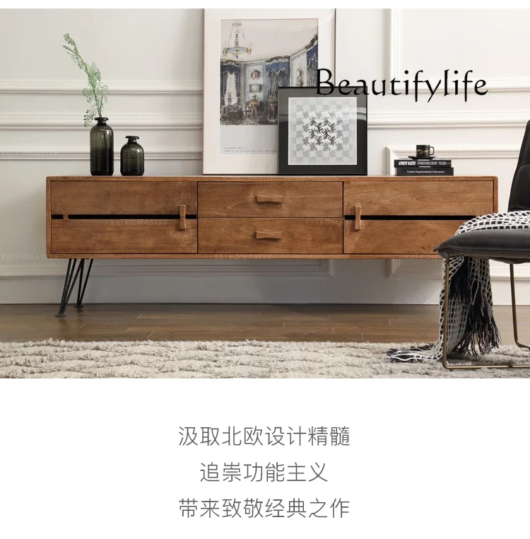 N36 Nordic light luxury simple log rubber wood living room rectangular TV cabinet strip cabinet