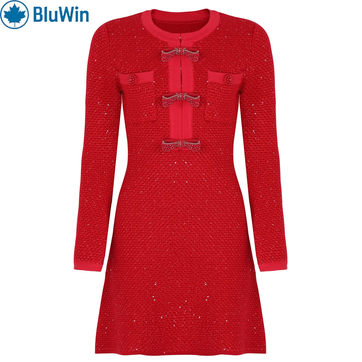 

BluWin Red Knit Tweed Dress – Long Sleeve A-Line with Decorative Frog Clasps and Chest Pockets