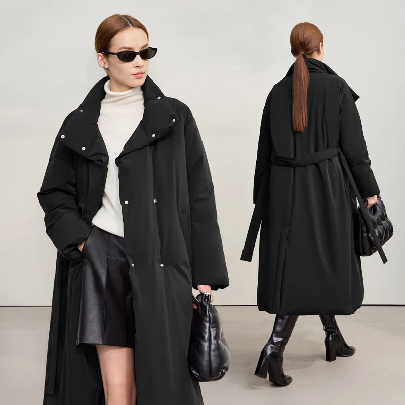 Amii Down Coats 2025 Winter New Solid Color Loose Long Women's Outerwear With Belt High Neck Thicken Warm Down Jacket 12544184