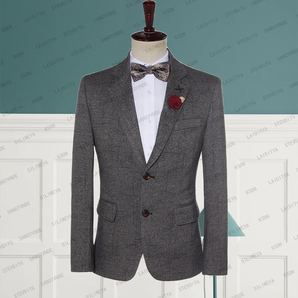 

2023 New Fashion Men Slim Business Casual Suits British Style Dress Dark Grey Plaid Woolen Jacket Blazer Coat Male Wedding Groom