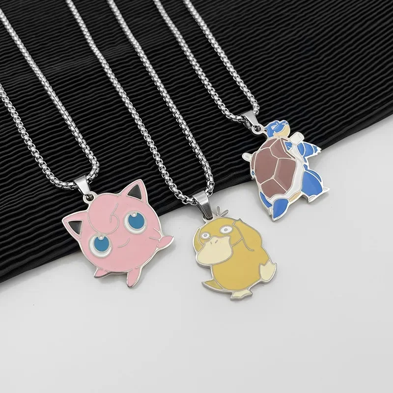 Pokemon Necklace Gengar Psyduck Cartoon Color Titanium Steel Elf Ball Couple Pendant Necklace Fashion Trend Clothing Accessories