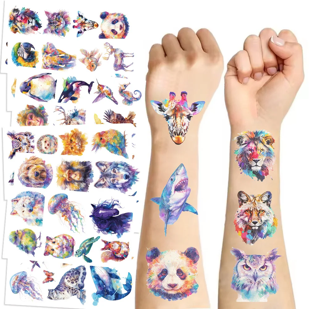 10 Stück coole Aquarell-Tier-Tattoo-Aufkleber, lustige Geburtstagsfeier, temporäre wasserdichte Tattoos, Aufkleber-Set, Kinderspielzeug, Geschenk