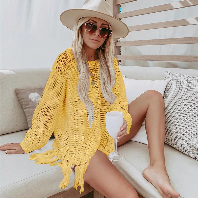 Le Luz Summer Colorful Knitted Beach Blouse Tassel Hollow Out Vintage Top Loose Vacation Beach Women's Swimsuit Cover-Up Outwear