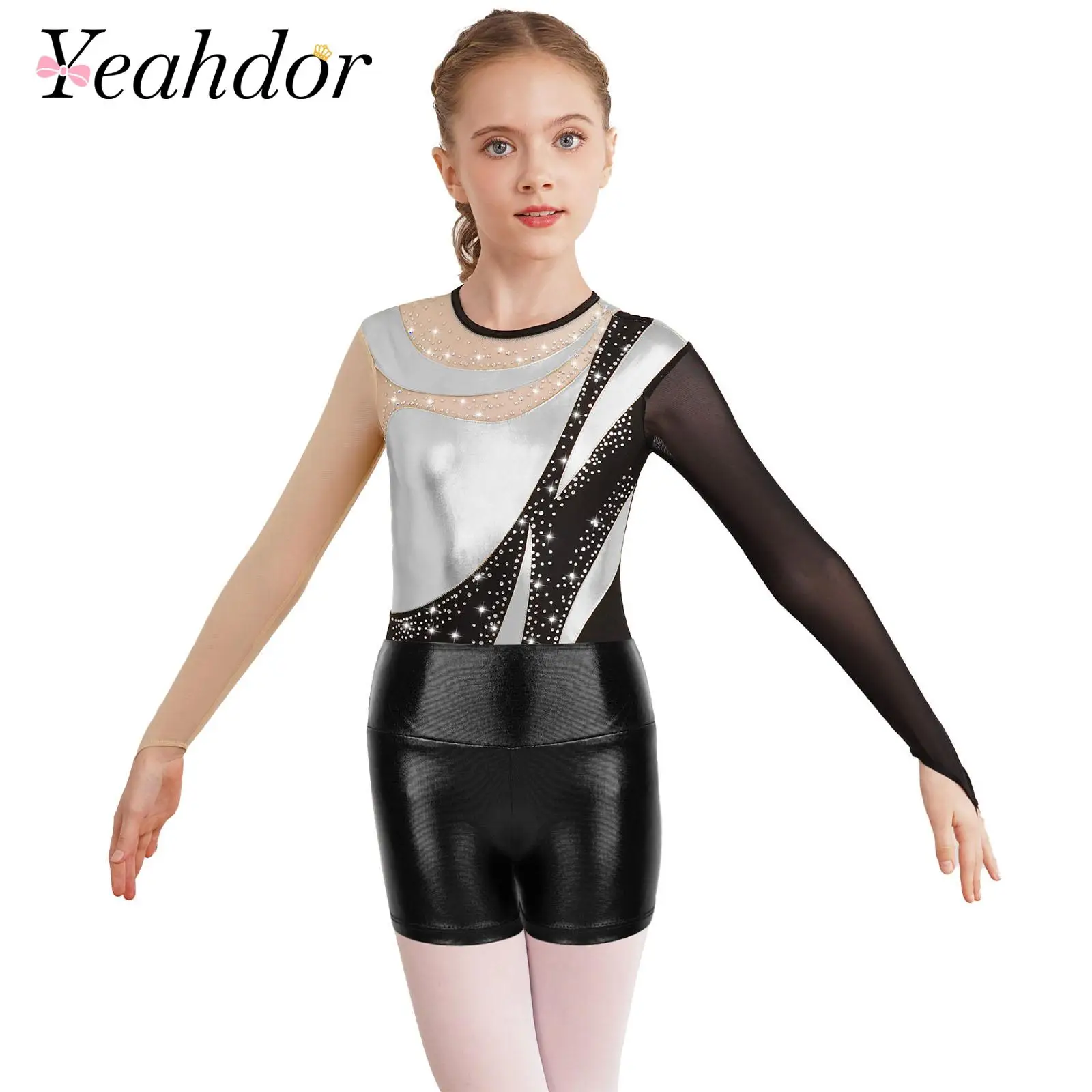 Girls Rhythmic Gymnastics Leotard Child Figure Skating Jumpsuit Kids Performance Wear Ballet Outfit Dance Bodysuit with Shorts