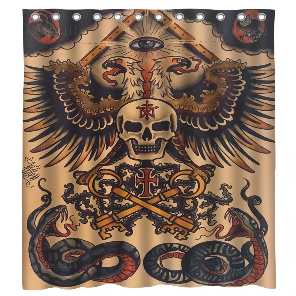 Traditional Sailor Tattoos Skull Crossed Key Eagle Snake Horror Vintage Style Bathroom Decor Shower Curtain