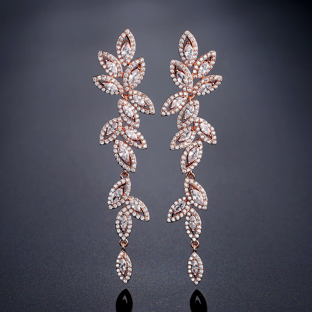 Luxury Polish Best Selling Leaf CZ Long Drop Earrings for Women Elegant AAA Zircon Bridal Earring  Wedding Party Jewelry