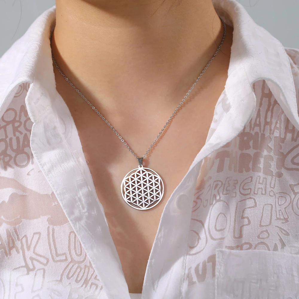 Dawapara Chakra Flower of Life Necklace Sacred Geometry Mandala Pendant Good Luck Amulet Stainless Steel Jewelry New Year Gift
