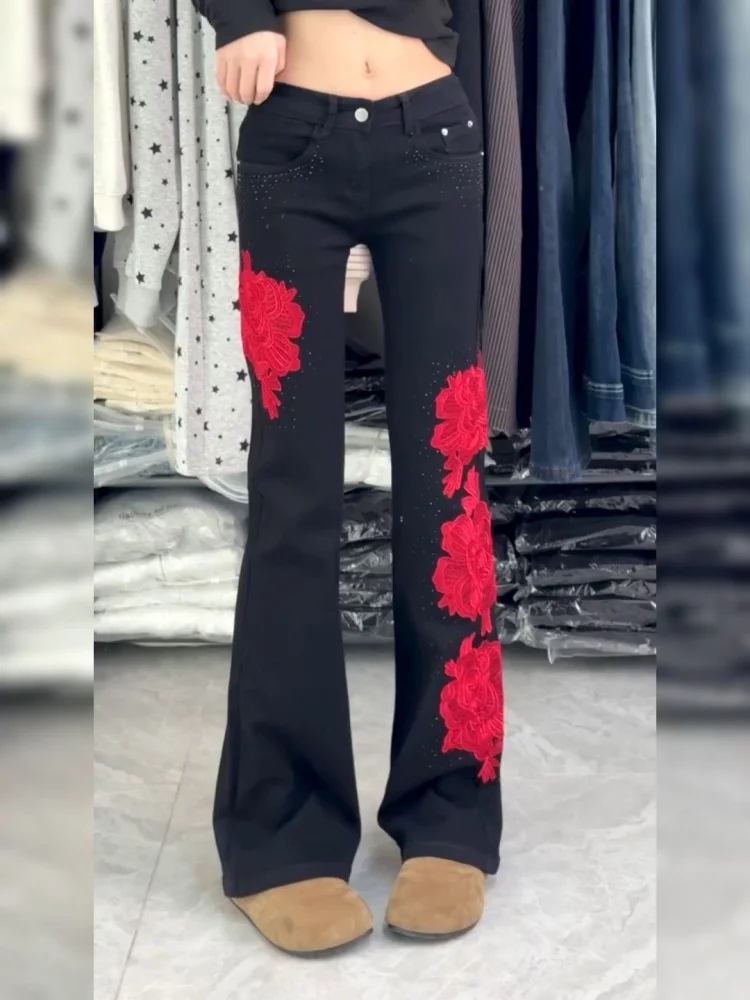 

2024 Trend Y2K, модные черные тонкие женские расклешенные джинсы с вышивкой розы, брюки для женской одежды, хлопковые длинные брюки, Ropa Mujer