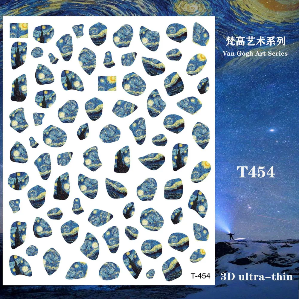 Pegatina de Arte de uñas romántica de la noche de Van Gogh, adhesivo, Luna, cielo estrellado, crisantemo, envolturas de pintura al óleo, deslizador de uñas de impresión, 1 ud.