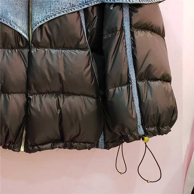 winter fashion denim patchwork 2023 down jacket for women hooded loose thick warm down parka female puffer coat streetwear