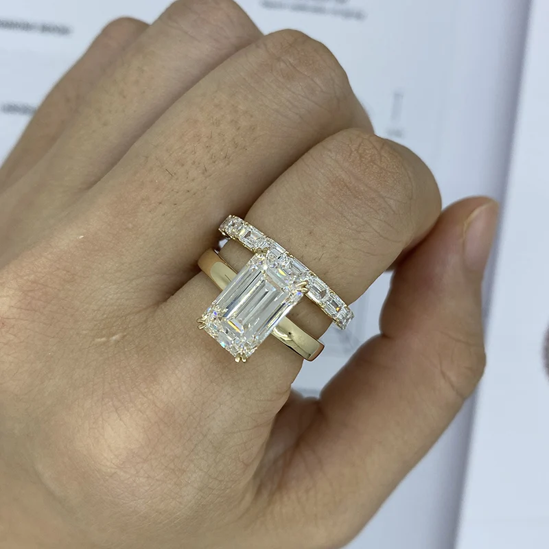 Solid 14k Gold Ring Set Emerald Cut 5 Carat Diamond DEF VS-VVS CVD HPHT Lab Grown Diamond Engagement &Wedding Band For Woman IGI