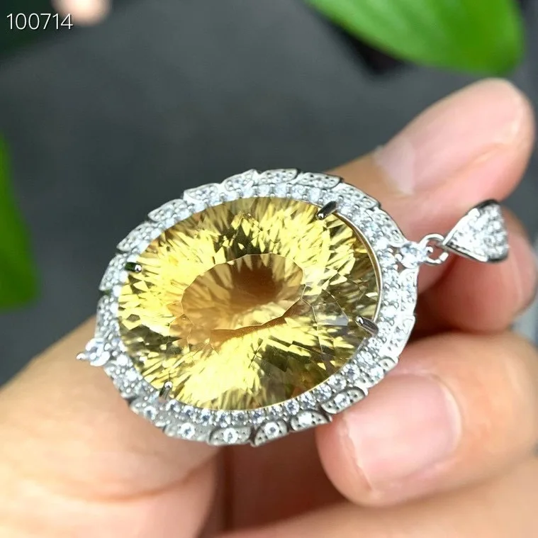 Natural Citrine Pendant 20x25mm S925 Silver Handmade with CZ Halo Accent Large Oval Cut