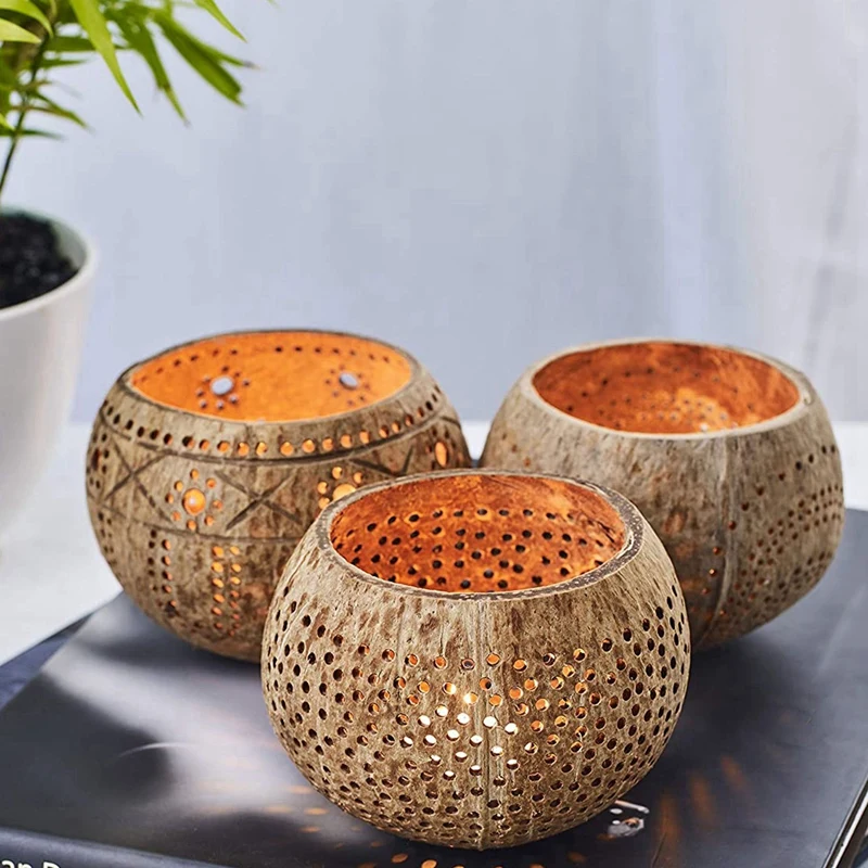 Coconut Shell Wood Candle Holders (Set Of 6) With Coconut Scented Tealight Candles - Boho Decor, Votive Candles Holders