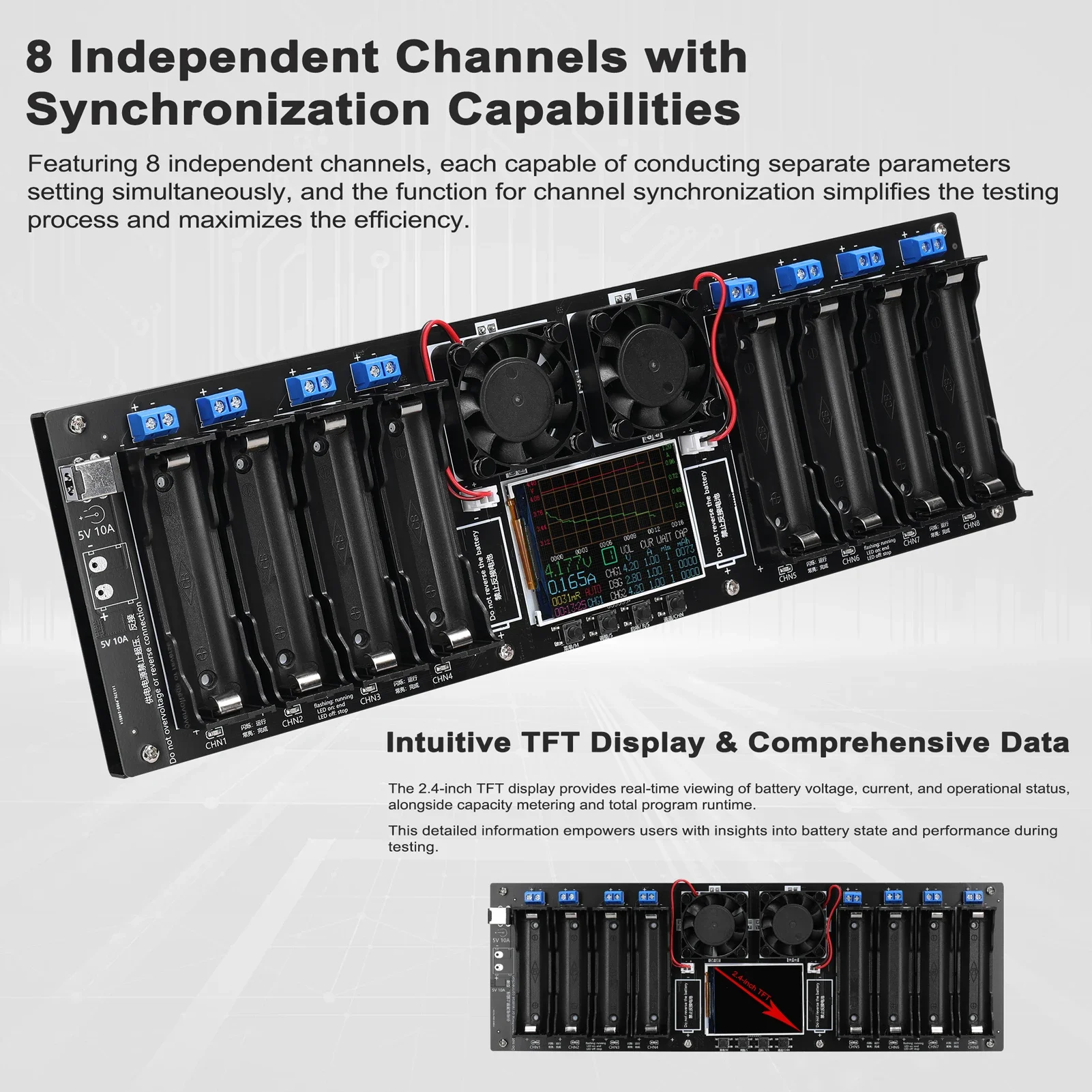 8-Channel 18650 Battery Tester 2.4inch TFT Display Battery Capacity Testing with Multi-Mode Functionality Enhanced Safety