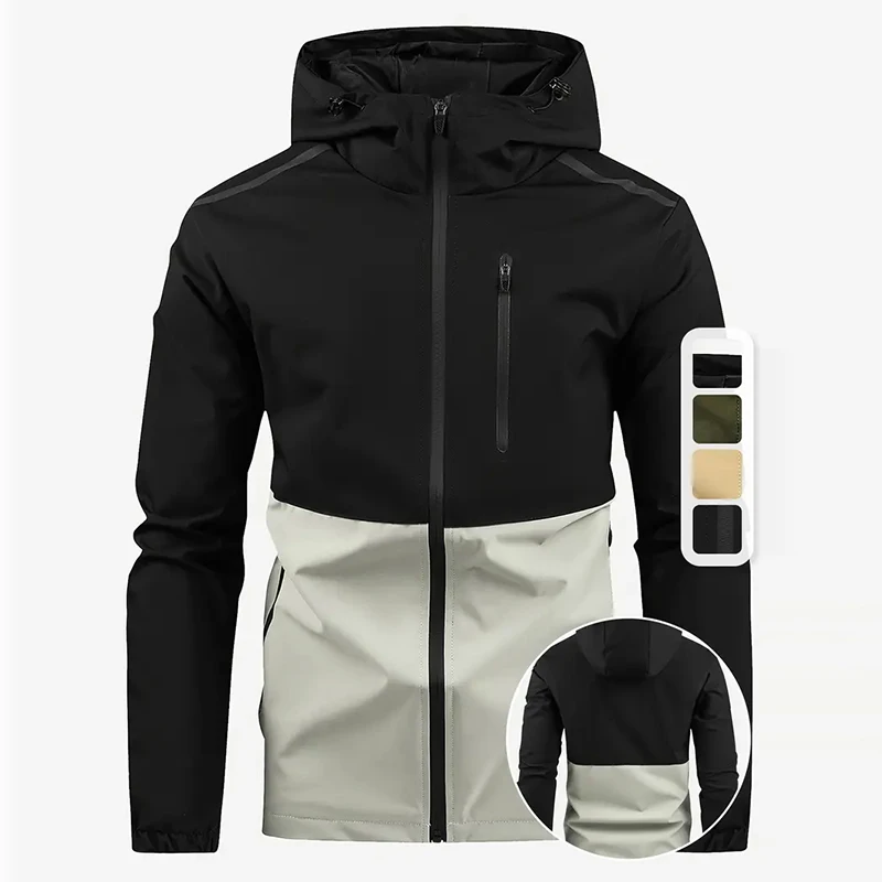 Men's Outdoor Mountaineering and Hiking Color Blocked Hooded Waterproof Casual Jacket Windproof Breathable Stormtrooper Jacket