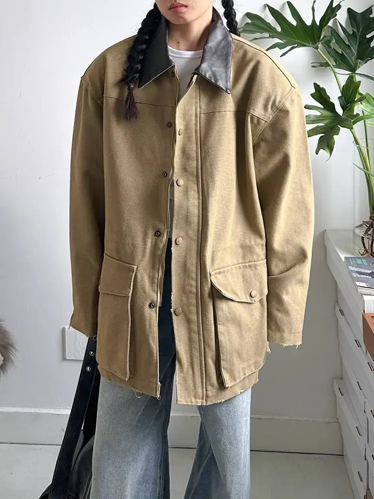 

HUISONG Vintage Patchwork Cool Jacket Pockets Loose Oversize Shoulder Padded Jacket Trench Coat Workwear Style Spring Autumn