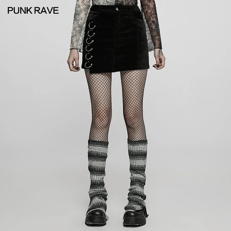 

PUNK RAVE Punk Asymmetric Iron Rings High Waist Micro Skirts Personalise Streetwear Short Bottoms Mini Skirt Velvet Fabric