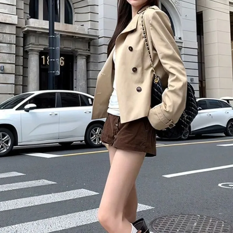 Kaki Short Coat Jacket Women's Korean Style Casual Top Shirt Spring Autumn New Model High Sensation Double Button Polyester F...