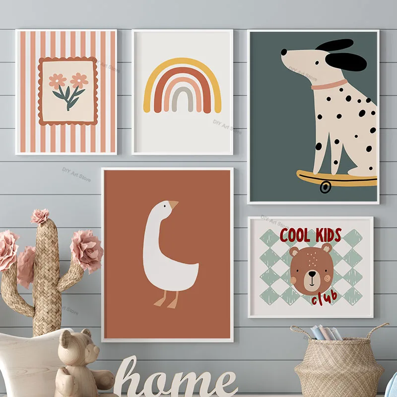 Cute Bear Dog Goose Flower Rainbow Nursery Poster Cartoon Wall Art Canvas Painting Animal Prints Baby Kids Room Home Decorati