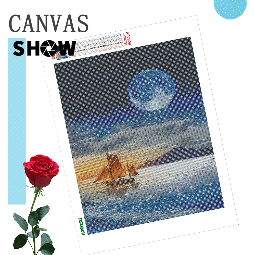 AZQSD Full Kits Diamond Painting Sailboat Landscape Handmade Needlework Wall Decor Gift Embroidery Scenery Sea Night