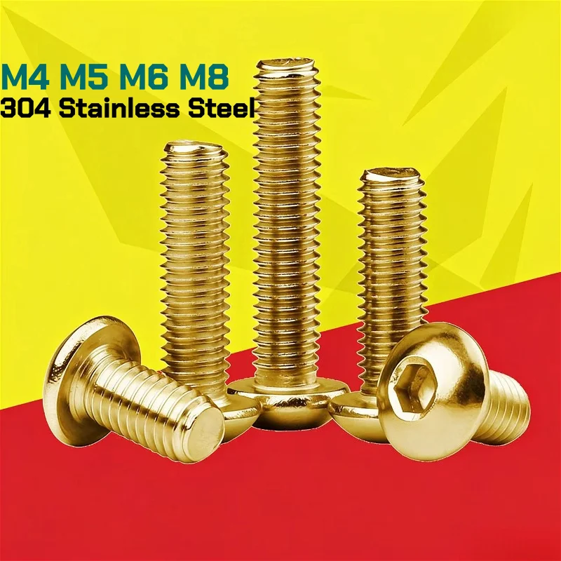 304 Stainless Steel M4 M5 M6 M8 Titanium Gold Half Round Head Hexagonal Screws Mushroom Head Bolts Motorcycle DIY Screw L:8~50mm