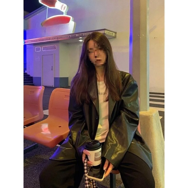 بدلة جلدية ربيعية جديدة على الطراز الكوري للنساء وسترة جلدية فضفاضة للخريف الجديد معطف نسائي عصري ورجعي #4