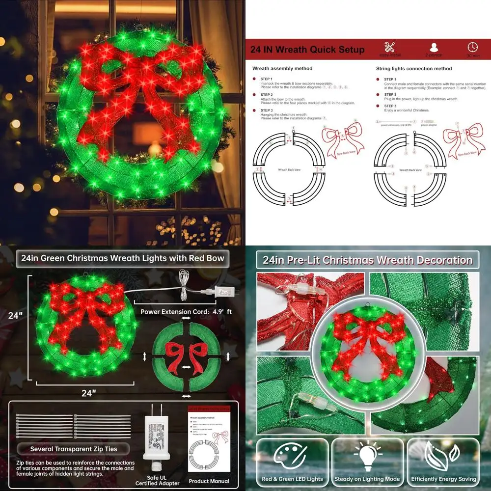 

Illuminated Christmas Wreath with 24 LED Lights, Large Decorative Wreath for Outdoor Window Displays