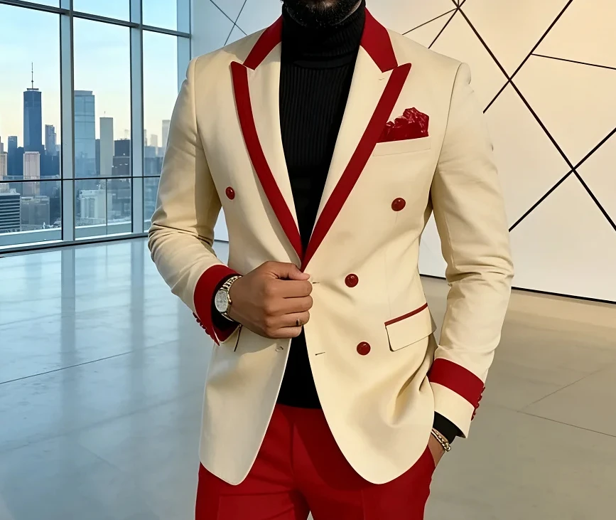 Men's Double-breasted Tailored Tuxedo White Personalized Peak Lapel Slim Fit Groomsmen Smoking Suit Casual Outfit Set