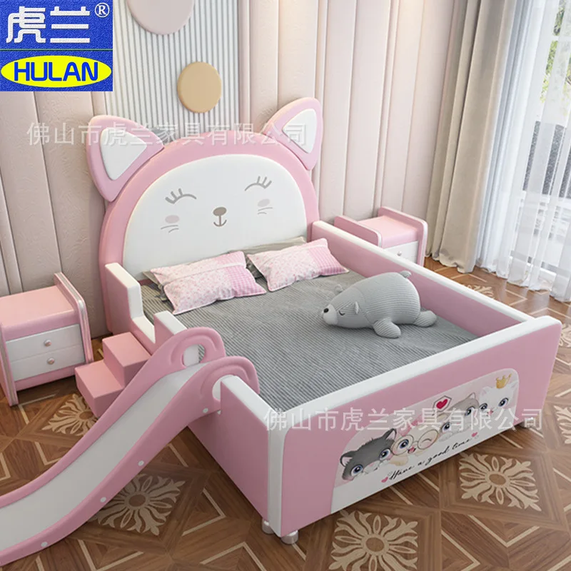 

Children's furniture with slide boys and girls cartoon soft leather bed creative crib 1.2m 1.5M1.8 crib 1.35m